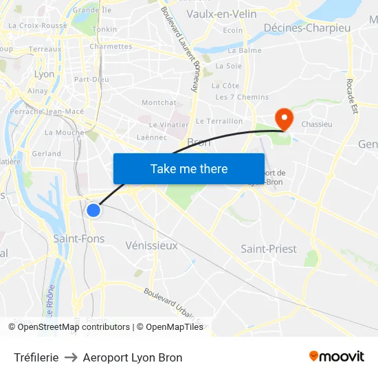 Tréfilerie to Aeroport Lyon Bron map