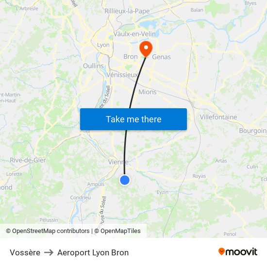 Vossère to Aeroport Lyon Bron map