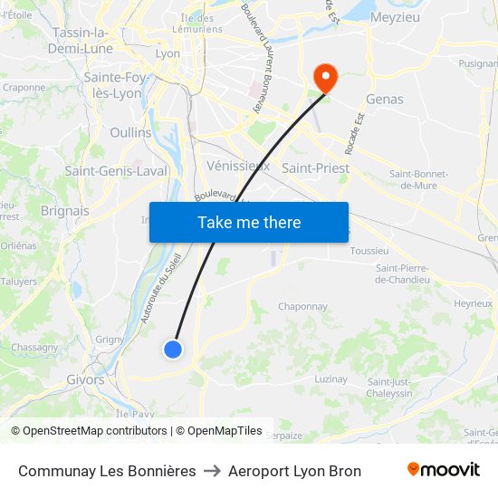 Communay Les Bonnières to Aeroport Lyon Bron map