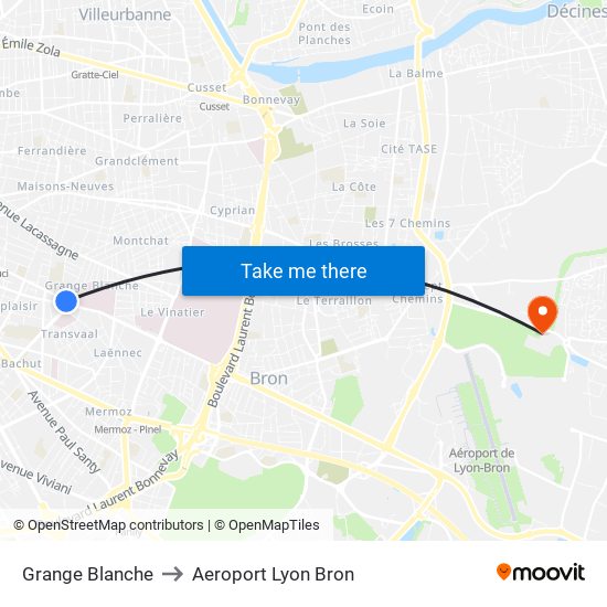 Grange Blanche to Aeroport Lyon Bron map