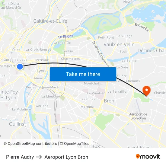 Pierre Audry to Aeroport Lyon Bron map