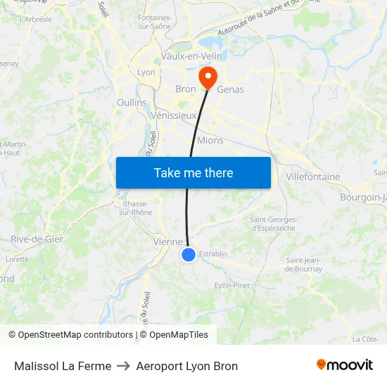 Malissol La Ferme to Aeroport Lyon Bron map