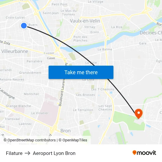 Filature to Aeroport Lyon Bron map