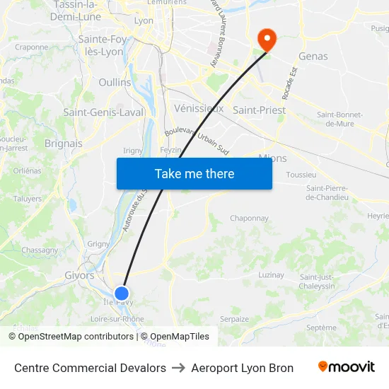 Centre Commercial Devalors to Aeroport Lyon Bron map