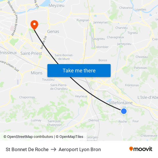 St Bonnet De Roche to Aeroport Lyon Bron map