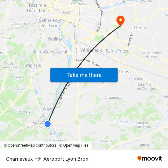 Charnevaux to Aeroport Lyon Bron map