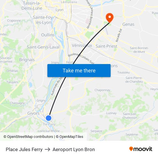 Place Jules Ferry to Aeroport Lyon Bron map