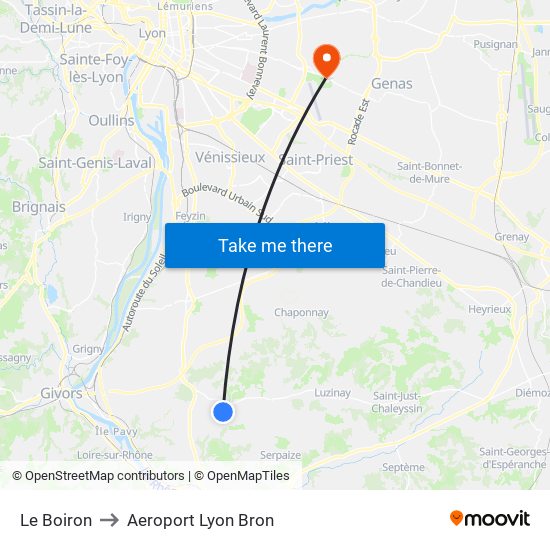 Le Boiron to Aeroport Lyon Bron map