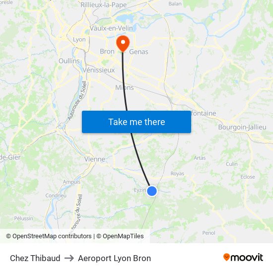 Chez Thibaud to Aeroport Lyon Bron map