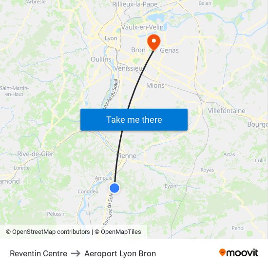 Reventin Centre to Aeroport Lyon Bron map