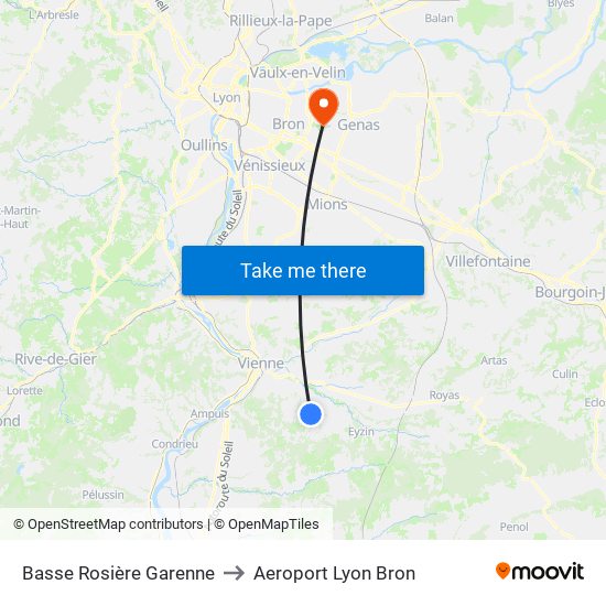 Basse Rosière Garenne to Aeroport Lyon Bron map