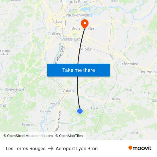 Les Terres Rouges to Aeroport Lyon Bron map