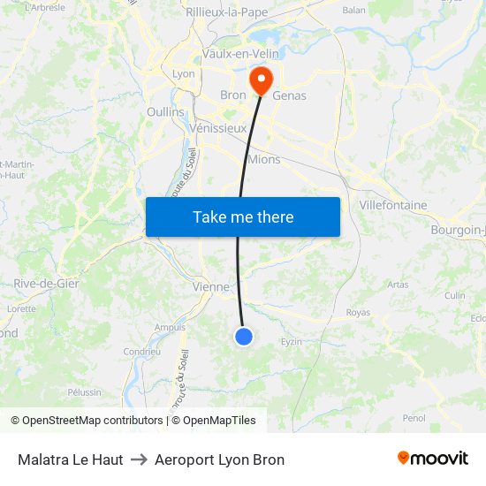 Malatra Le Haut to Aeroport Lyon Bron map