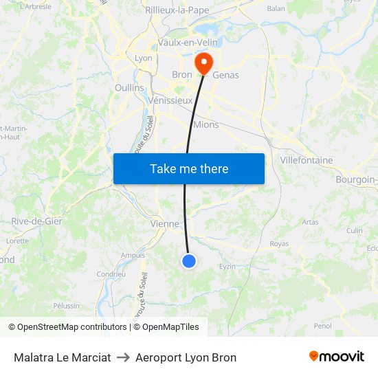 Malatra Le Marciat to Aeroport Lyon Bron map