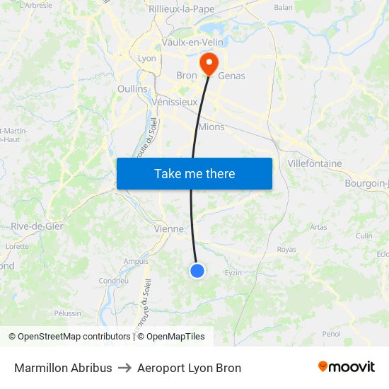 Marmillon Abribus to Aeroport Lyon Bron map