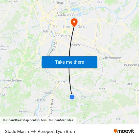 Stade Manin to Aeroport Lyon Bron map