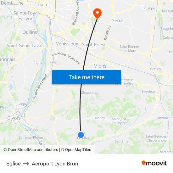 Eglise to Aeroport Lyon Bron map
