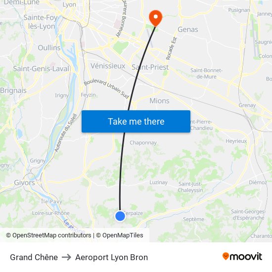 Grand Chêne to Aeroport Lyon Bron map
