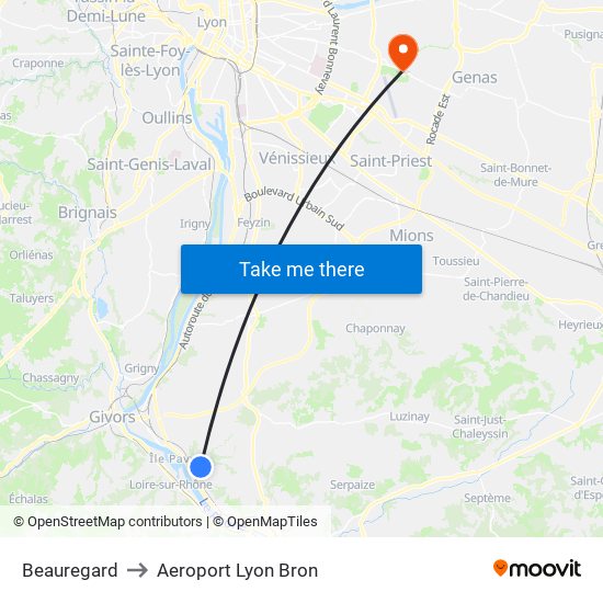 Beauregard to Aeroport Lyon Bron map