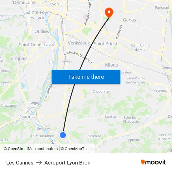 Les Cannes to Aeroport Lyon Bron map