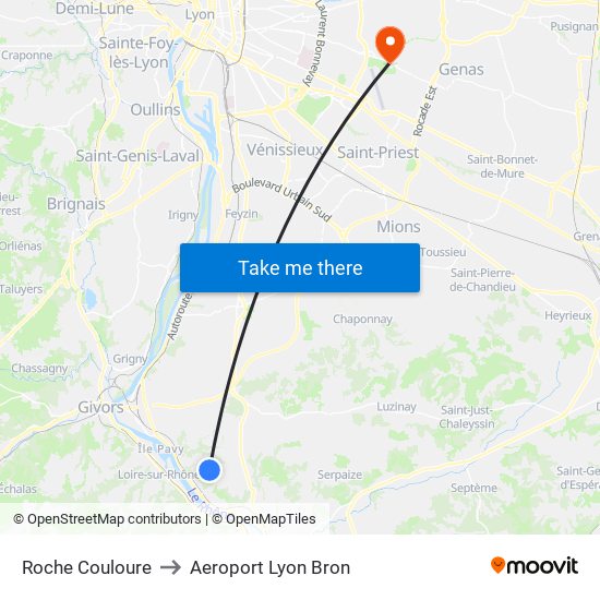 Roche Couloure to Aeroport Lyon Bron map