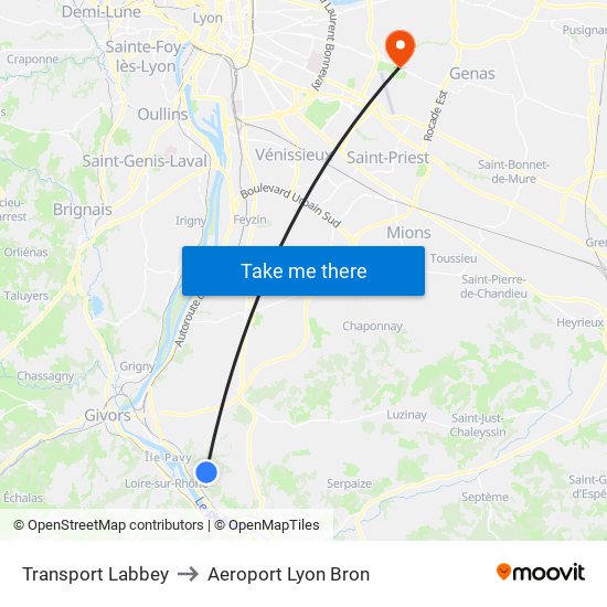 Transport Labbey to Aeroport Lyon Bron map