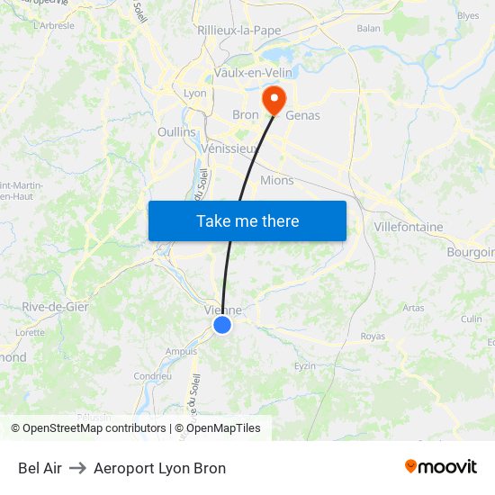 Bel Air to Aeroport Lyon Bron map