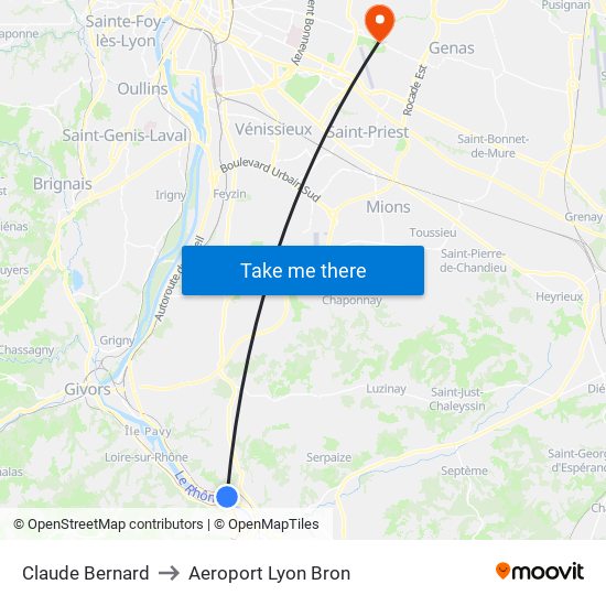 Claude Bernard to Aeroport Lyon Bron map