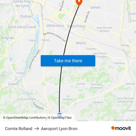 Comte Rolland to Aeroport Lyon Bron map