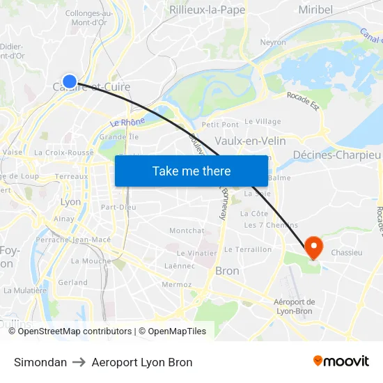 Simondan to Aeroport Lyon Bron map