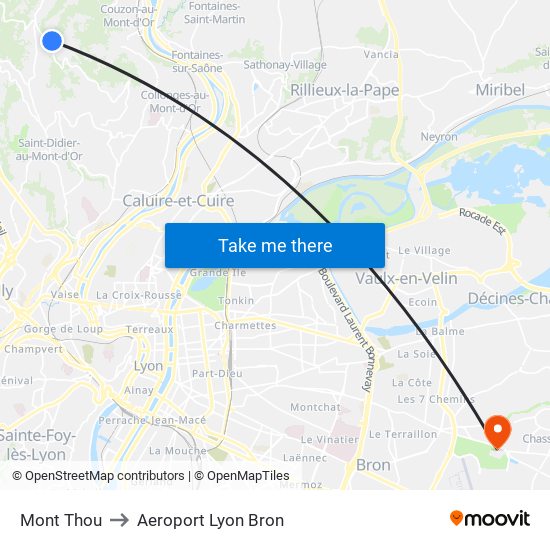 Mont Thou to Aeroport Lyon Bron map