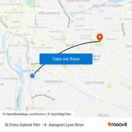 St Fons Gabriel Péri to Aeroport Lyon Bron map