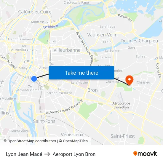 Lyon Jean Macé to Aeroport Lyon Bron map