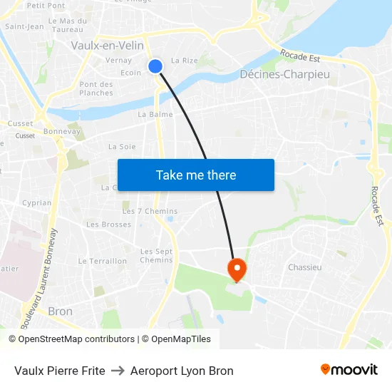 Vaulx Pierre Frite to Aeroport Lyon Bron map