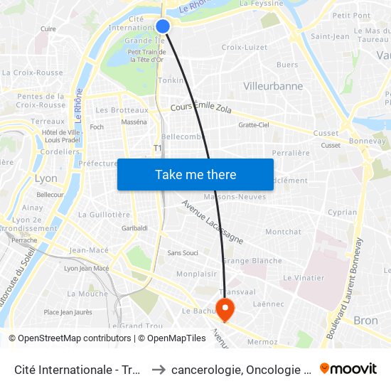 Cité Internationale - Transbordeur (Centre De Congrès) to cancerologie, Oncologie Radiothérapie Dr Vincent Mammar map