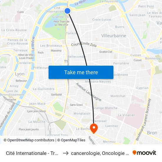 Cité Internationale - Transbordeur (Centre De Congrès) to cancerologie, Oncologie Radiothérapie Dr Vincent Mammar map
