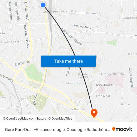 Gare Part-Dieu V.Merle to cancerologie, Oncologie Radiothérapie Dr Vincent Mammar map