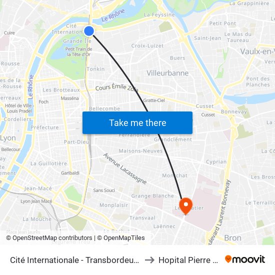 Cité Internationale - Transbordeur (Centre De Congrès) to Hopital Pierre Wertheimer map