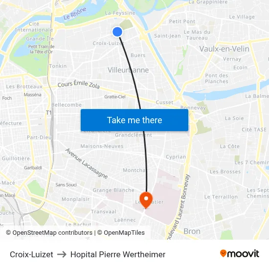 Croix-Luizet to Hopital Pierre Wertheimer map