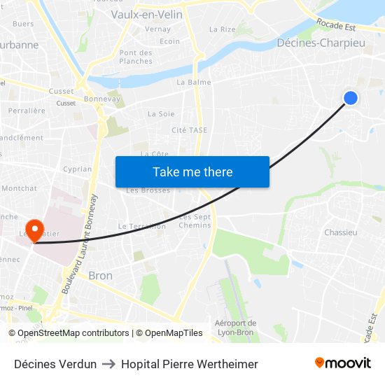 Décines Verdun to Hopital Pierre Wertheimer map