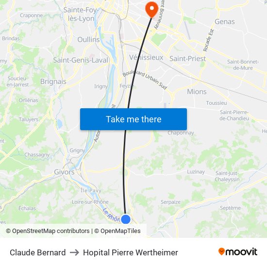 Claude Bernard to Hopital Pierre Wertheimer map