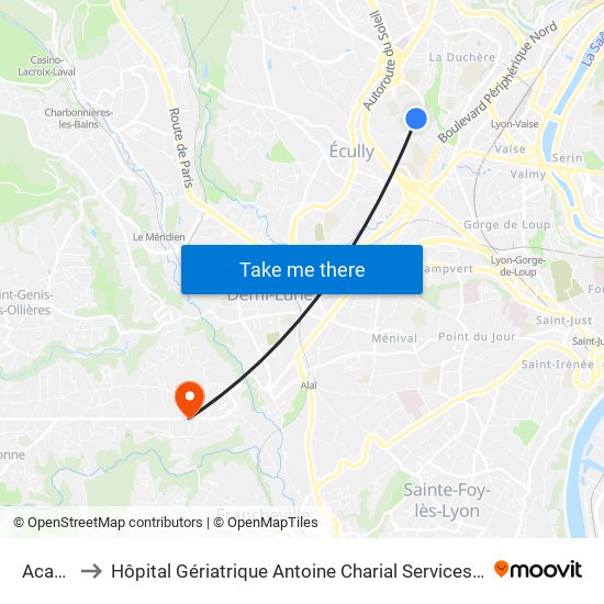 Acacias to Hôpital Gériatrique Antoine Charial Services Administratifs map