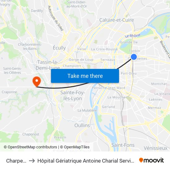 Charpennes to Hôpital Gériatrique Antoine Charial Services Administratifs map
