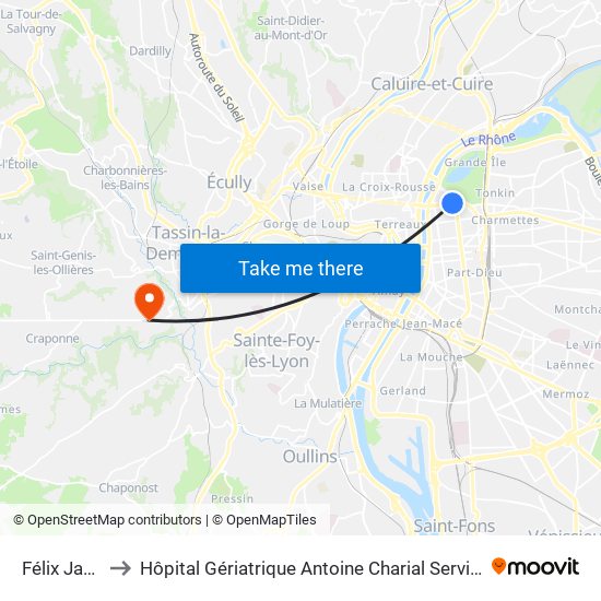 Félix Jacquier to Hôpital Gériatrique Antoine Charial Services Administratifs map