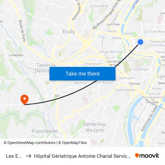 Les Esses to Hôpital Gériatrique Antoine Charial Services Administratifs map