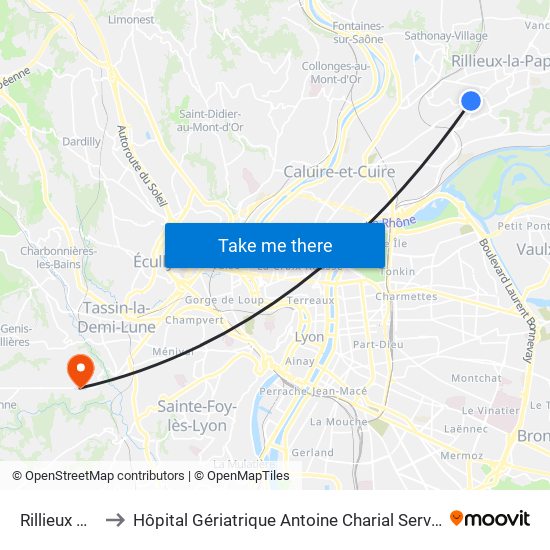 Rillieux Piscine to Hôpital Gériatrique Antoine Charial Services Administratifs map