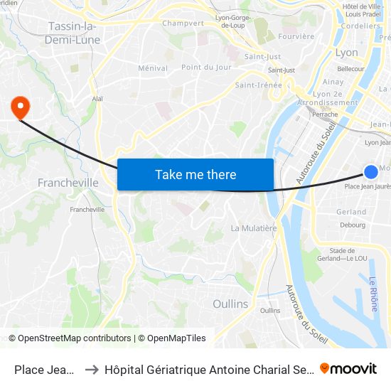 Place Jean Jaurès to Hôpital Gériatrique Antoine Charial Services Administratifs map