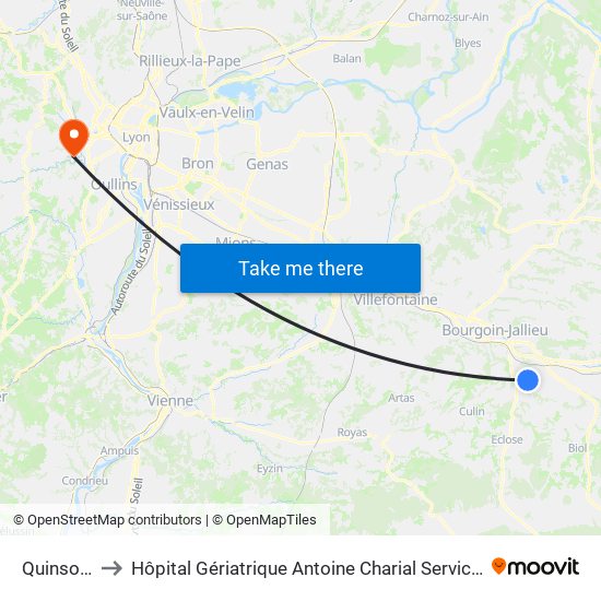 Quinsonnas to Hôpital Gériatrique Antoine Charial Services Administratifs map