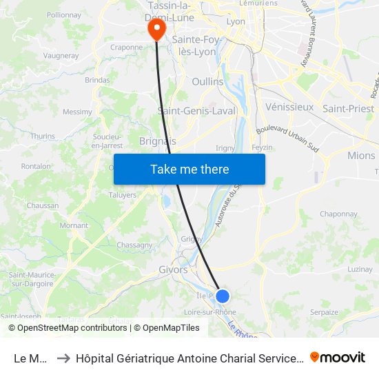Le Moulin to Hôpital Gériatrique Antoine Charial Services Administratifs map