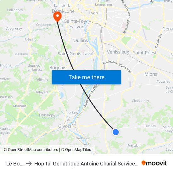 Le Boiron to Hôpital Gériatrique Antoine Charial Services Administratifs map